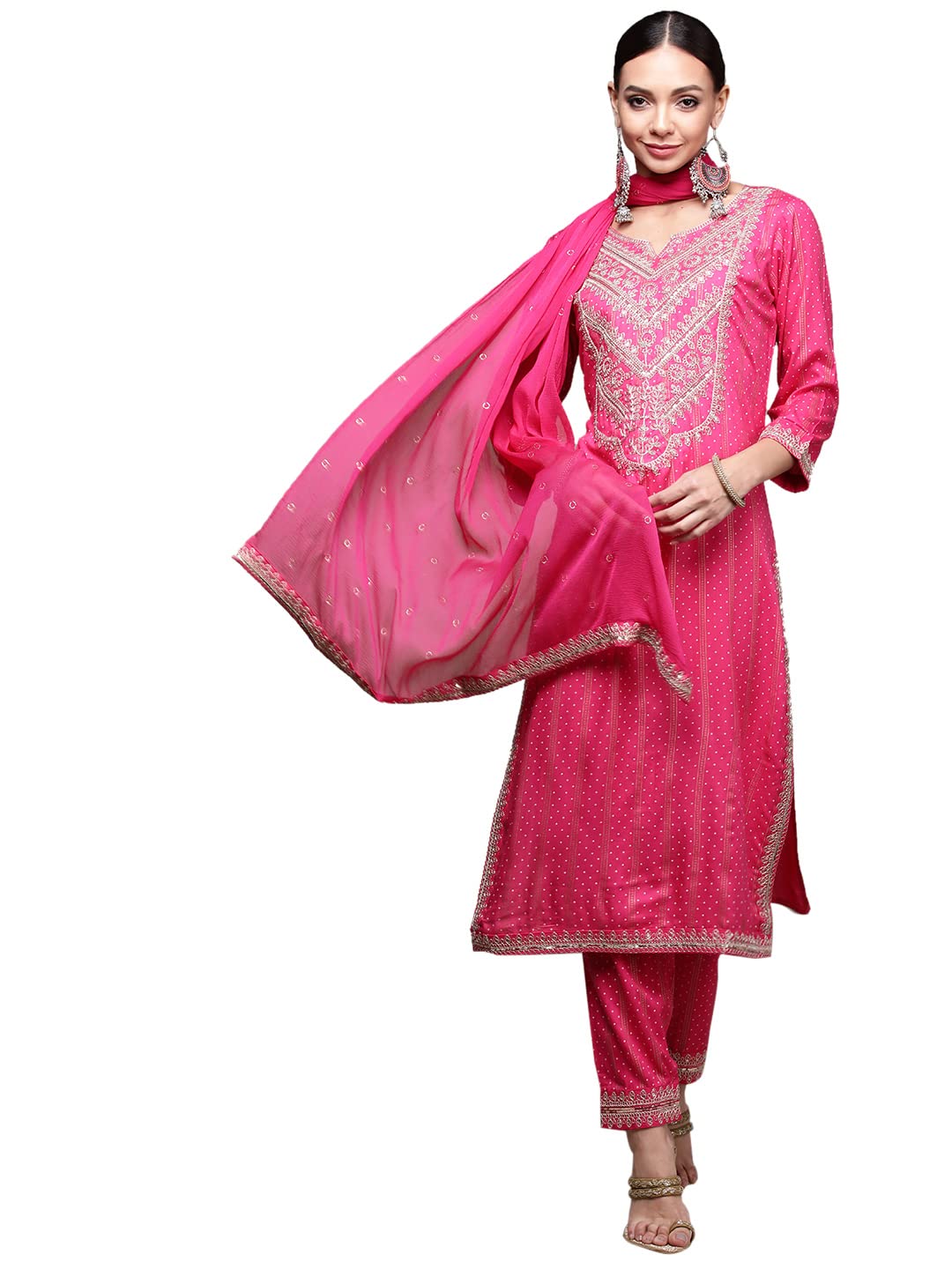 anubhutee Women's Pink Gotawork Printed Kurta set with Trousers and Dupatta