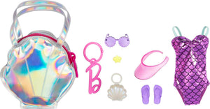 Barbie Clothes, Deluxe Clip-On Beach Bag With Swimsuit And Five Themed Accessories For Barbie Dolls