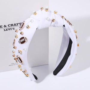 Football Headband Pearl Rhinestone Jeweled Knotted Headbandn Wide Game Day Sports Hair Accessories Gift for Football Mom Fans