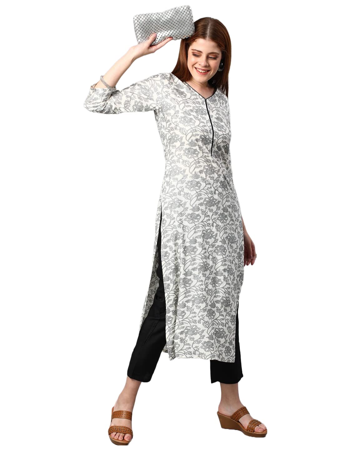 Anni Designer Women'S Cotton Blend Traditional Straight Printed Kurta And Pant Set (Amd 31-Grey_S_Grey_Small),Grey,S