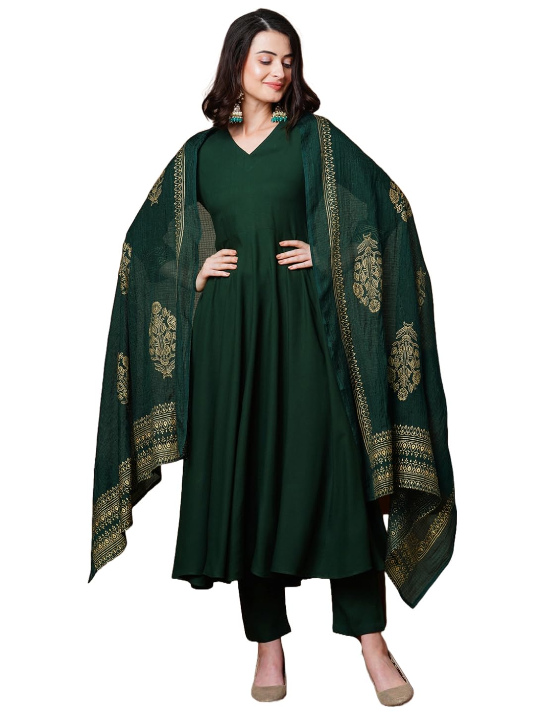 Anni Designer Women'S Rayon Blend Solid Anarkali Kurta With Pant & Dupatta (Magic-Green-Ndm_Xxl_Green_Xx-Large),Green,2XL