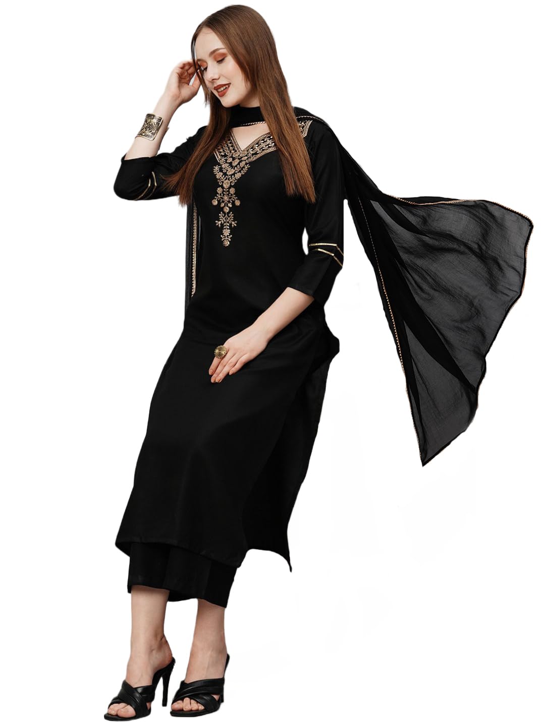 Anni Designer Women'S Cotton Blend Straight Embroidered Kurta With Pant & Dupatta (Dacia Black_Xl_Black_X-Large),Black,XL