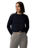 Fyltr Women'S Round Neck Drop Shoulder Sweatshirt - Full Sleeve | Elasticated Waist & Cuff | Boxy Fit | Stripe Detailing,Vainly Navy,Vainly Navy,L