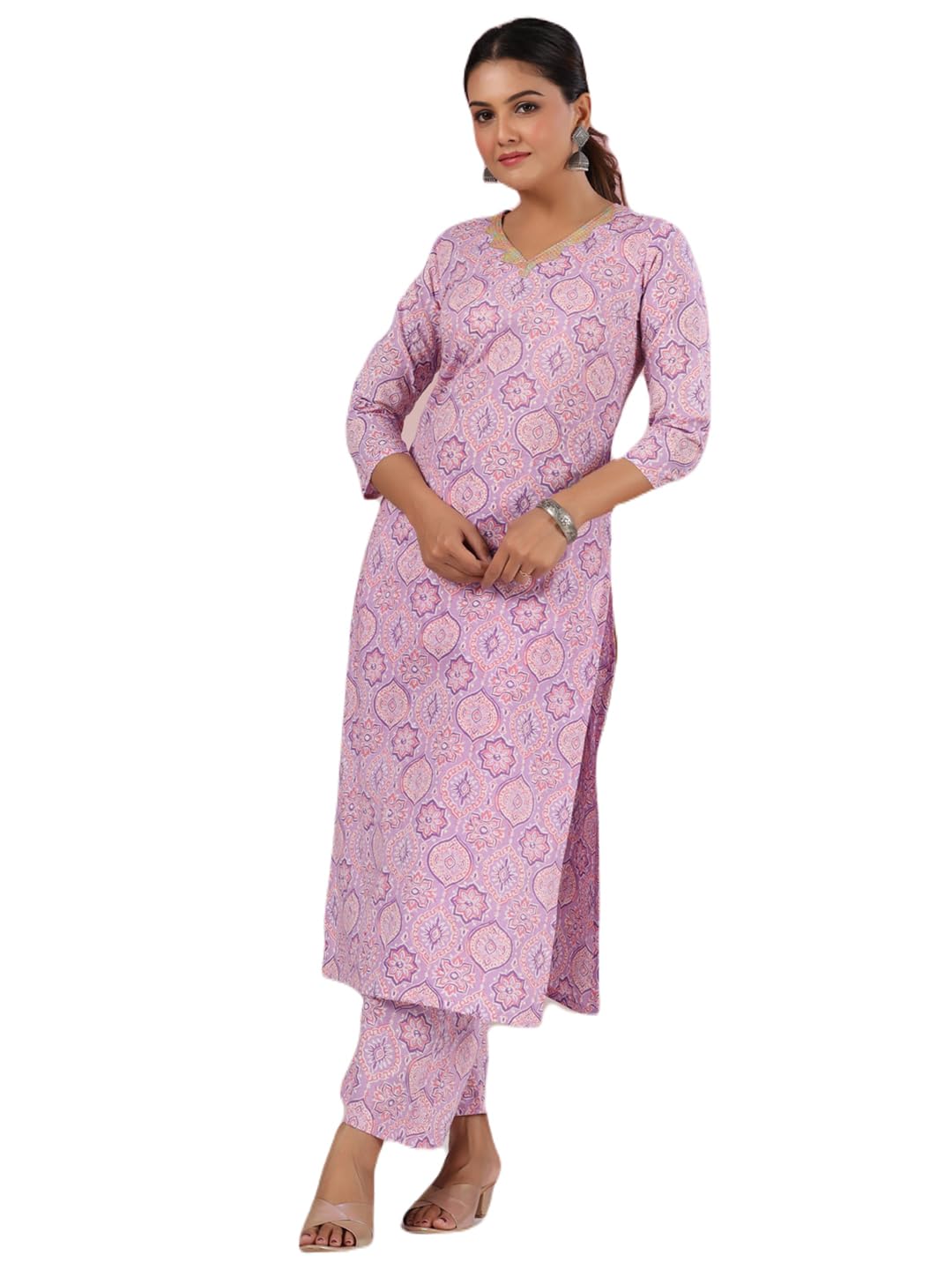Gosriki Women'S Rayon Blend Straight Printed Kurta With Palazzo (Diroz Green_L_Green_Large),Purple,,B0CYGXY6PQ