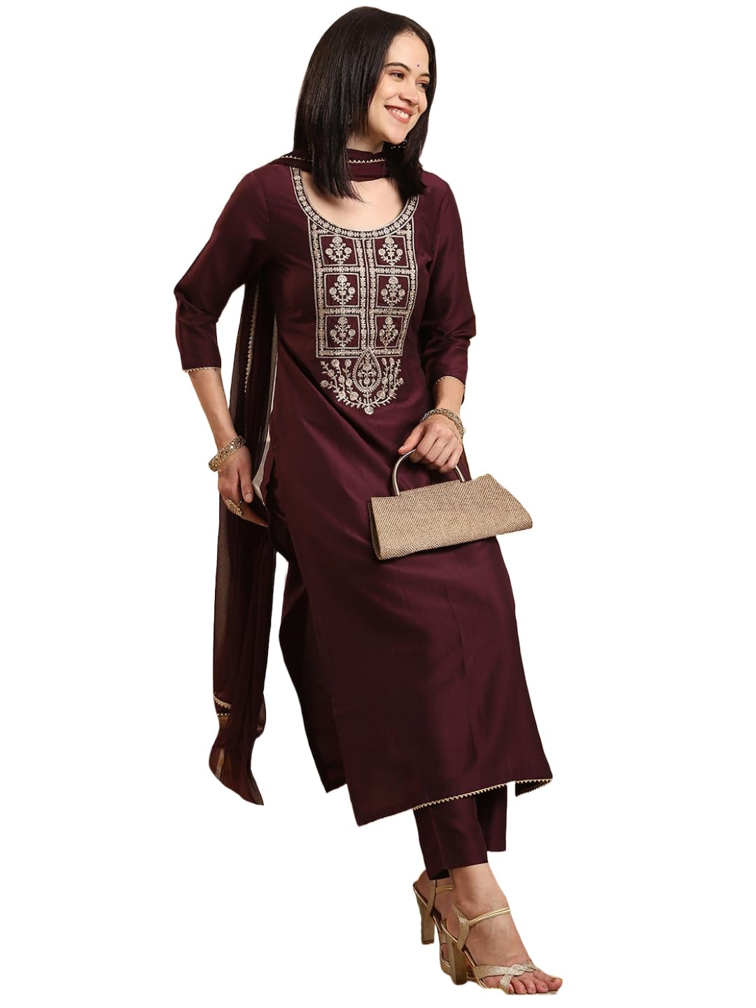 Gosriki Women'S Rayon Blend Straight Embroidered Kurta With Pant & Dupatta (Togas Wine-Gs_S_Wine_Small),Wine,,B0DHQKGRS4