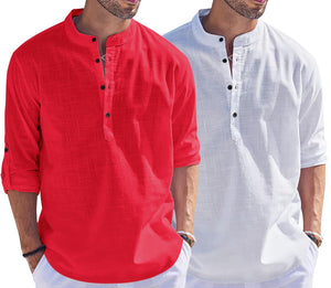 Bellstone Men'S Cotton Blend Solid Regular Dress Shirt (Kurta1500_Combo_Red & White_Xl