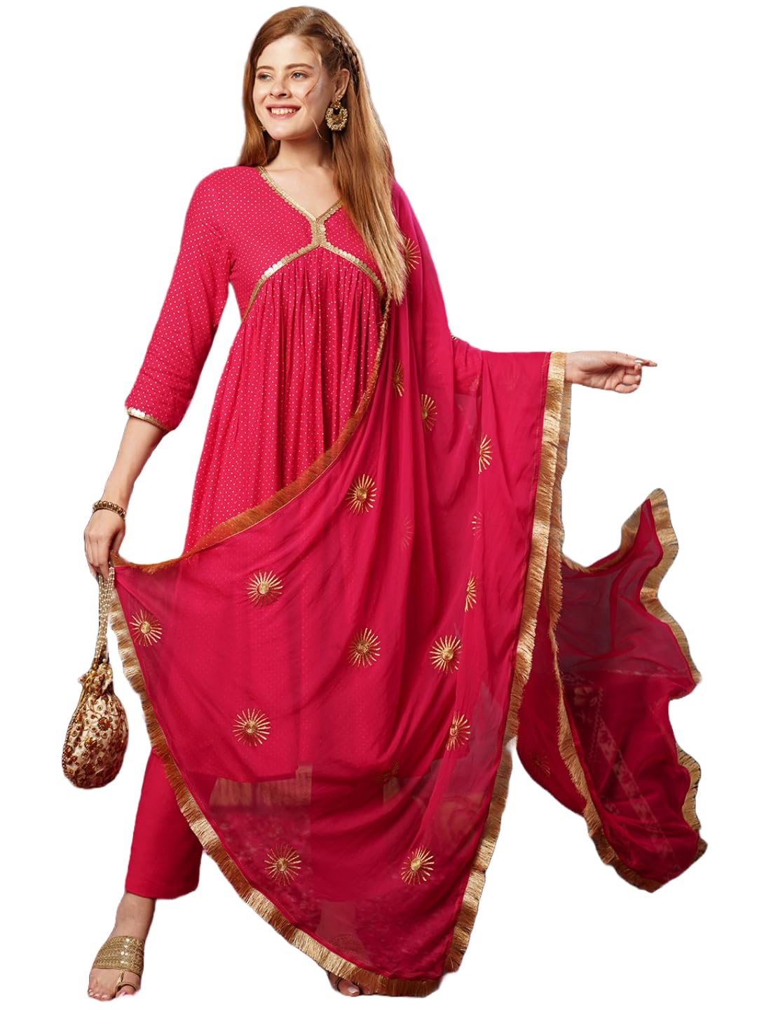 Anni Designer Women'S Cotton Blend Anarkali Printed Kurta With Pant & Dupatta (Shrinika Pink-Jl_M_Pink_Medium),Pink,M,,,