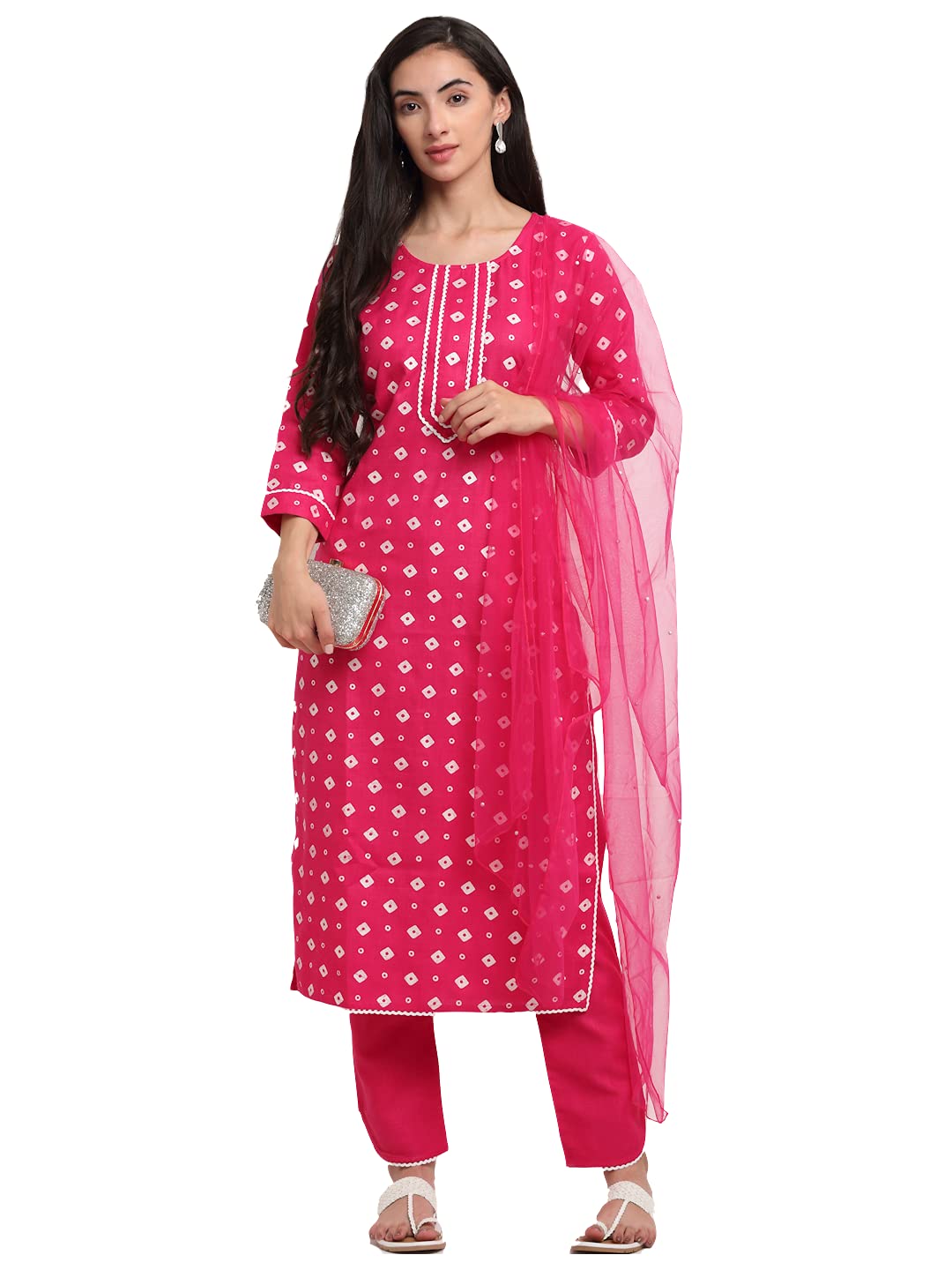 Anni Designer Women'S Cotton Straight Kurta With Pant & Dupatta (Sona Pink_M_Pink_Medium),Pink,M