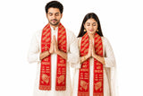 Jai Shri Shyam Red Golden Devotional Scarf Angavastram With Peacock Feather Design For Temple Visit Bhajan Jagran And Yatra 1 