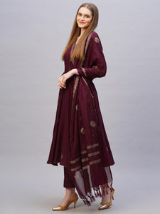 Gosriki Women'S Rayon Blend Printed Anarkali Kurta With Pant & Dupatta (Berlin Wine-Nb-Gs_L_Wine_Large),Wine,,B0CYGR238K