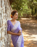 Shiv Textiles Womens Cotton Banarasi Silk Saree With Unstitched Blouse (Purple)