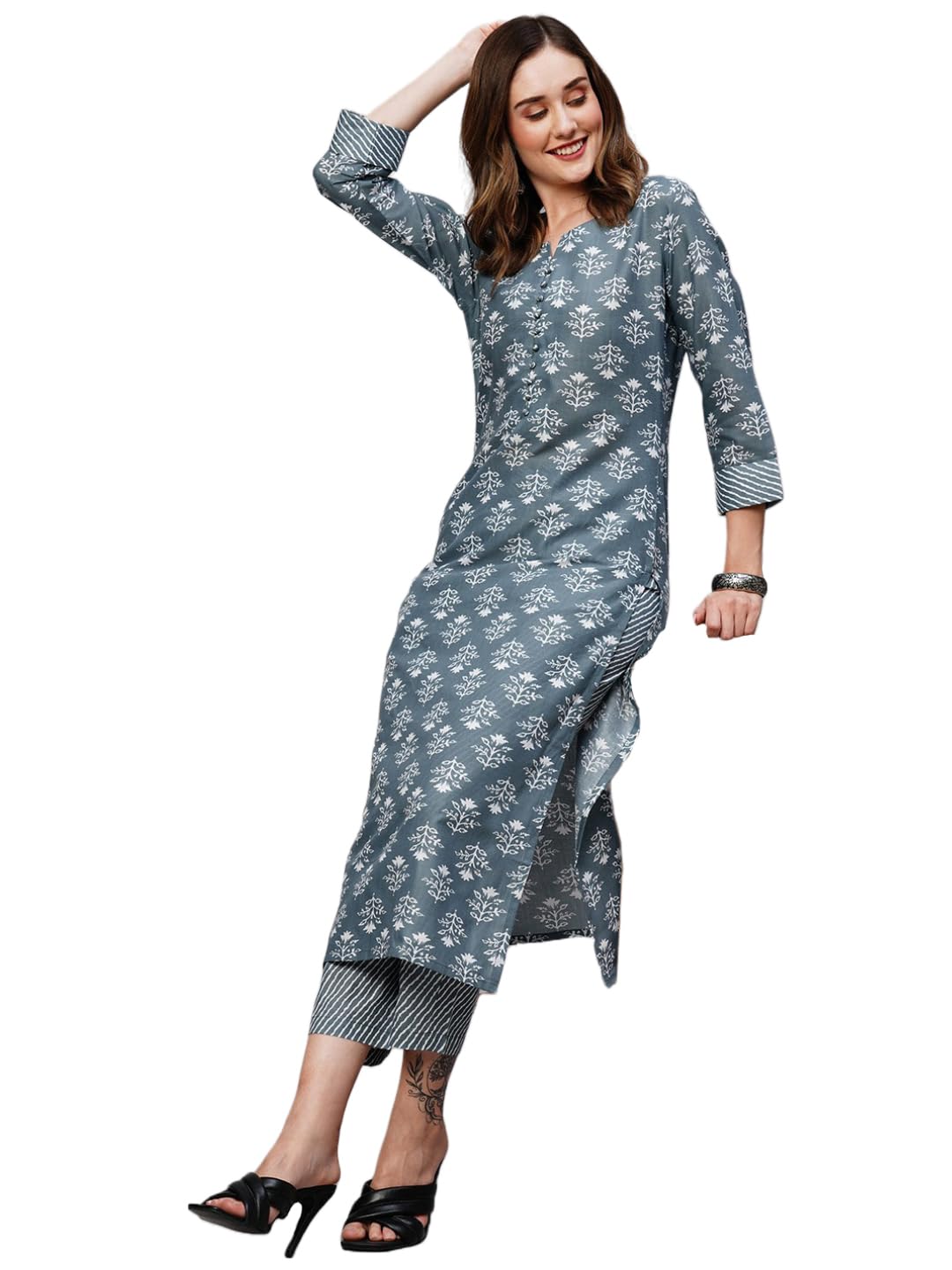 Anni Designer Women'S Cotton Blend Printed Straight Kurta With Pant (Kidya Grey_S_Grey_Small),Grey,S