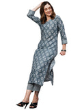 Anni Designer Women'S Cotton Blend Printed Straight Kurta With Pant (Kidya Grey_S_Grey_Small),Grey,S
