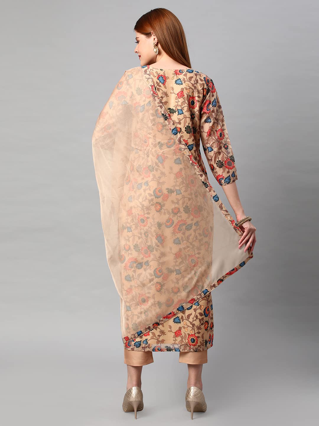 Anni Designer Women'S Cotton Blend Floral Printed Straight Kurta With Pants & Dupatta (Madhubani-Beige_M_Beige_Medium),Beige,M,Cotton Blend,Regular,Dupatta