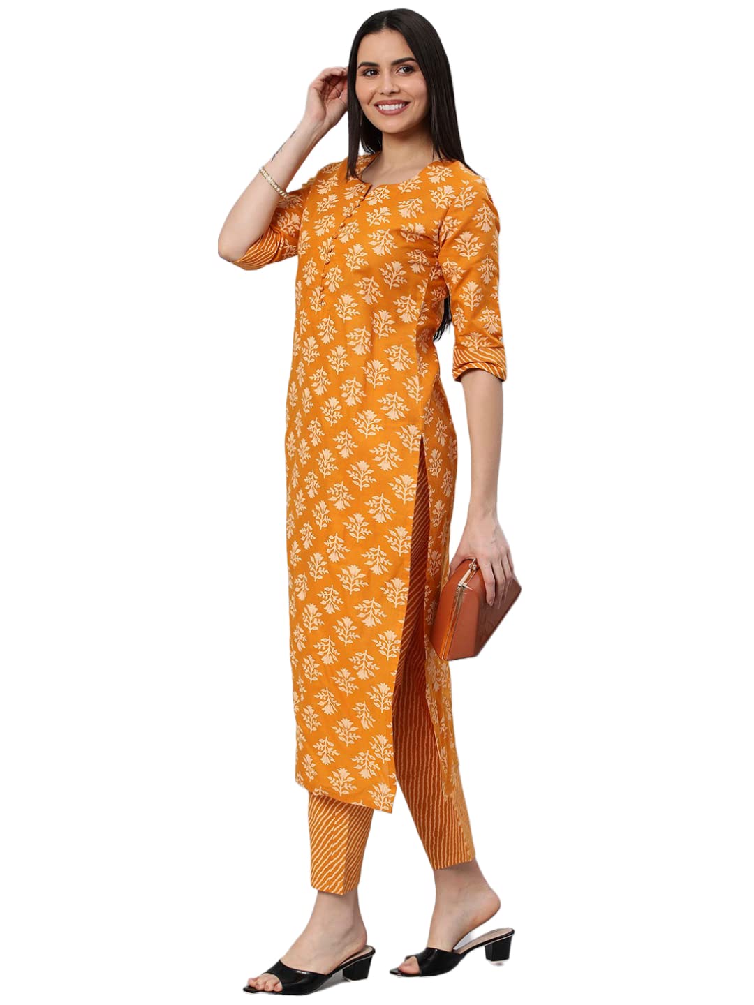 Anni Designer Women'S Cotton Blend Straight Printed Kurta With Pant (Kidaya Yellow-Nw5_L_Yellow_Large),Yellow,L