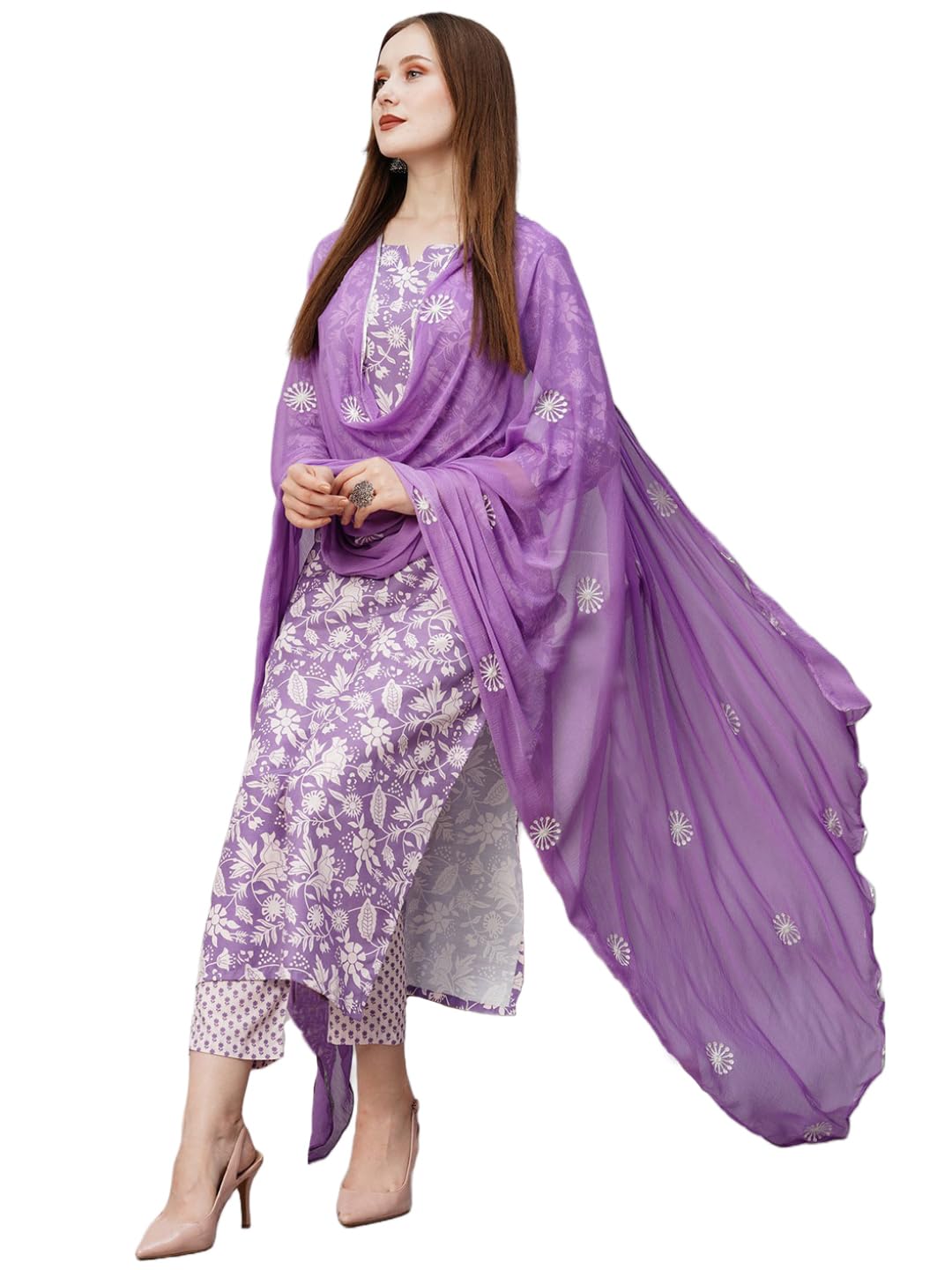 Anni Designer Women'S Cotton Blend Straight Printed Kurta With Pant & Dupatta (Mei Purple-Nw_4Xl_Purple_Xxxx-Large),Purple,4XL