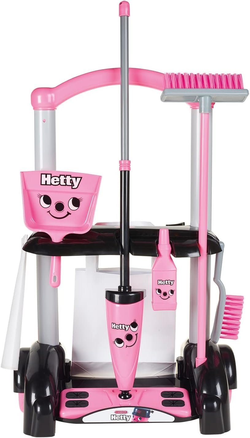 Casdon Henry & Hetty Toys - Hetty Cleaning Trolley - Pink Hetty-Inspired Toy Playset with Mop, Brushes, Dustpan, & Accessories -