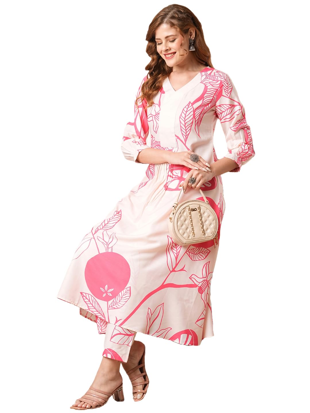 Anni Designer Women'S Cotton Blend Anarkali Printed Kurta With Pant (Santra Pink_S_Pink_Small),Pink,S,,,