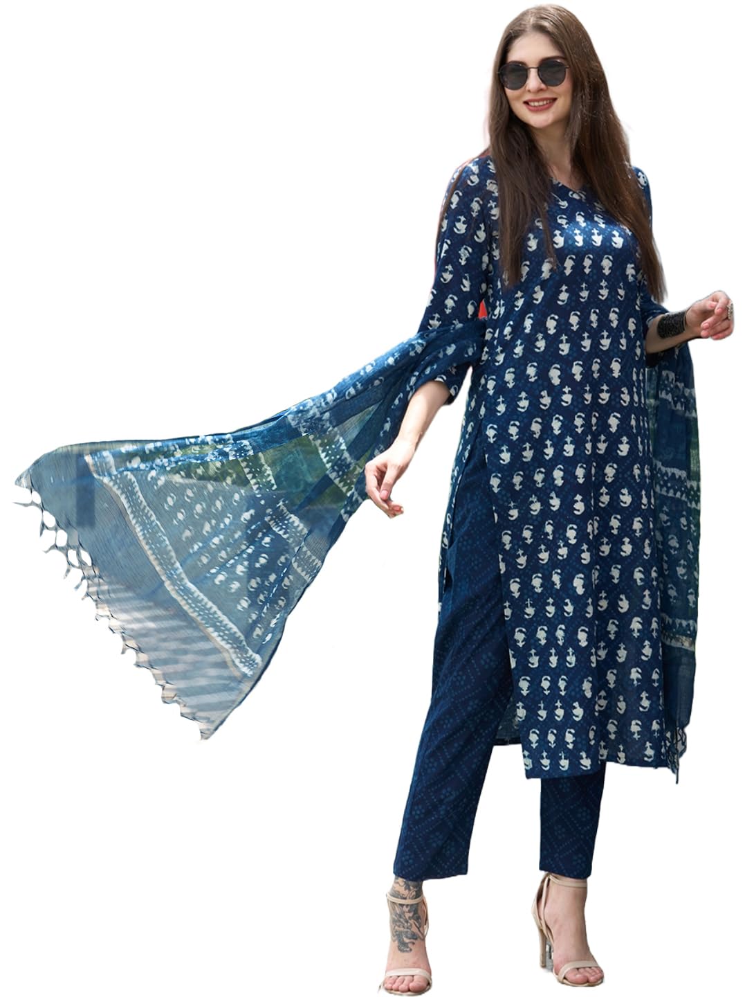 Anni Designer Women'S Cotton Blend Straight Printed Kurta With Pant & Dupatta (Thaka Blue_L_Blue_Large),Blue,L