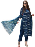 Anni Designer Women'S Cotton Blend Straight Printed Kurta With Pant & Dupatta (Thaka Blue_L_Blue_Large),Blue,L