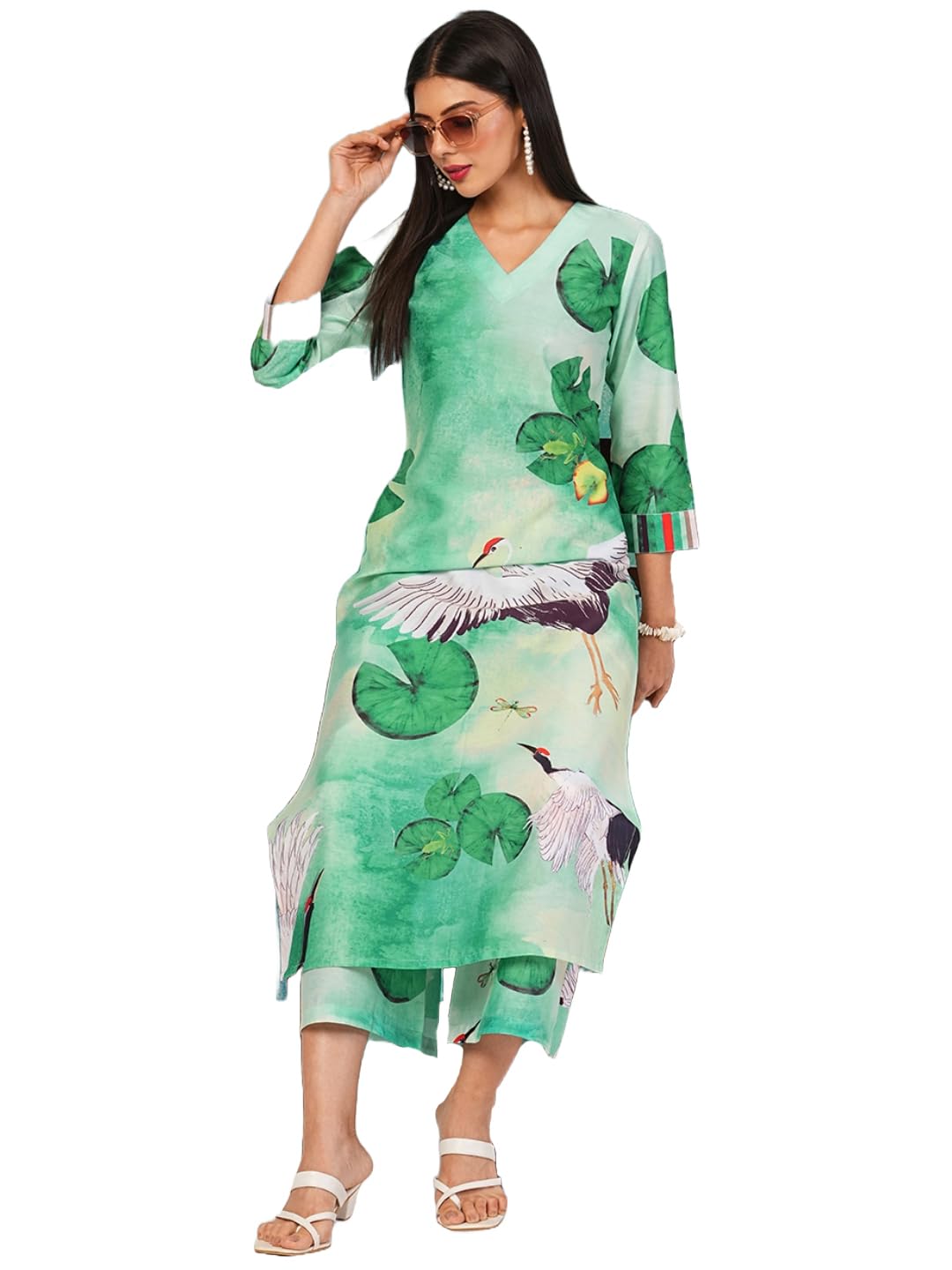 Anni Designer Women'S Cotton Blend Straight Printed Kurta With Palazzo (Swans See Green-Nw_Xl_See Green_X-Large),See Green,XL,,,