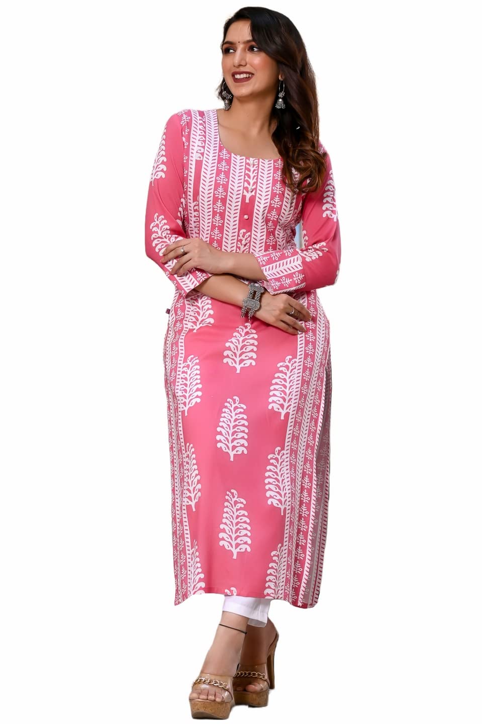 Anni Designer Women'S Rayon Printed Straight Kurta (Oni101 White-Snw_L_Pink_Large),Pink,L