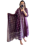 Anni Designer Women'S Rayon Viscose Printed Anarkali Kurta With Pant & Dupatta (Jarry Wine_L_Wine_Large),Wine,L