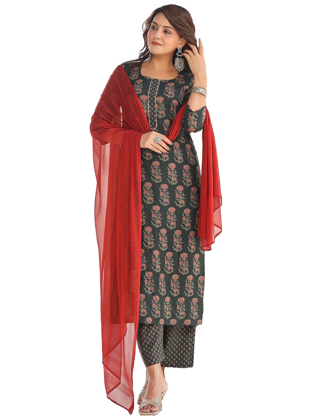 Anni Designer Women'S Cotton Blend Printed Straight Kurta With Pant & Dupatta (Dini Green_Xxl_Green_Xx-Large),Green,2XL