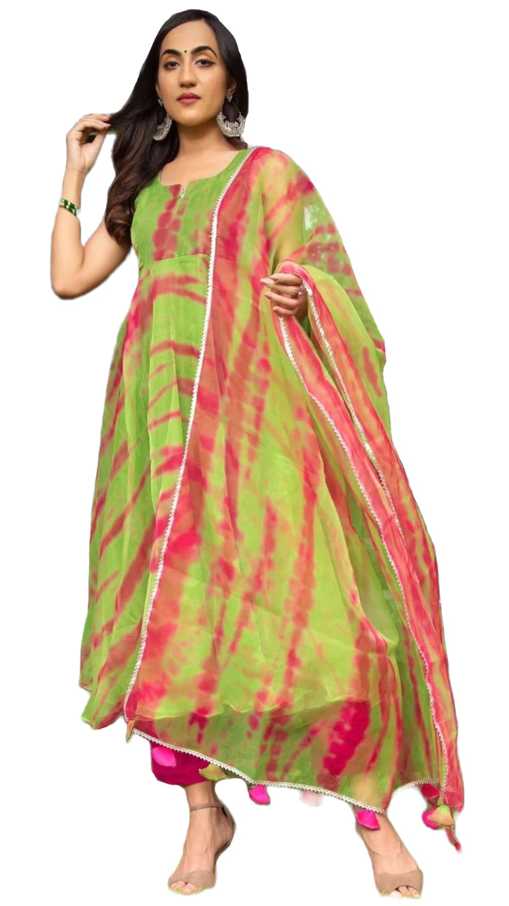 Anni Designer Women'S Cotton Blend Anarkali Printed Kurta With Pant & Dupatta (Boho-Mehandi_Xxl_Green_Xx-Large),Green,2XL