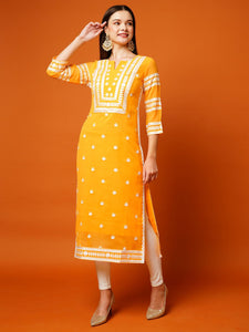 Gosriki Women'S Cotton Blend Straight Chikankari Embroidered Kurta (Stho-Mustard-Gs_Xxl_Mustard_Xx-Large),Mustard,2,B0CBPR19WC
