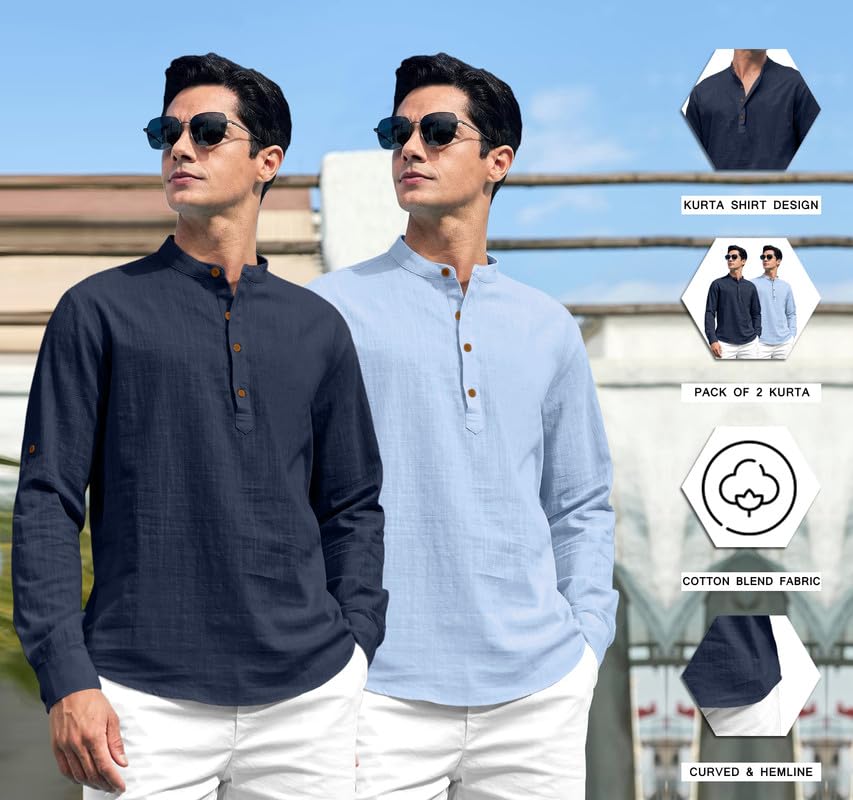 Royalscout Combo Of Men'S Solid Cotton Blend Full Sleeve Straight Kurta Shirt (Pack Of 2) Navy-Sky Navy-Sky 2Xl