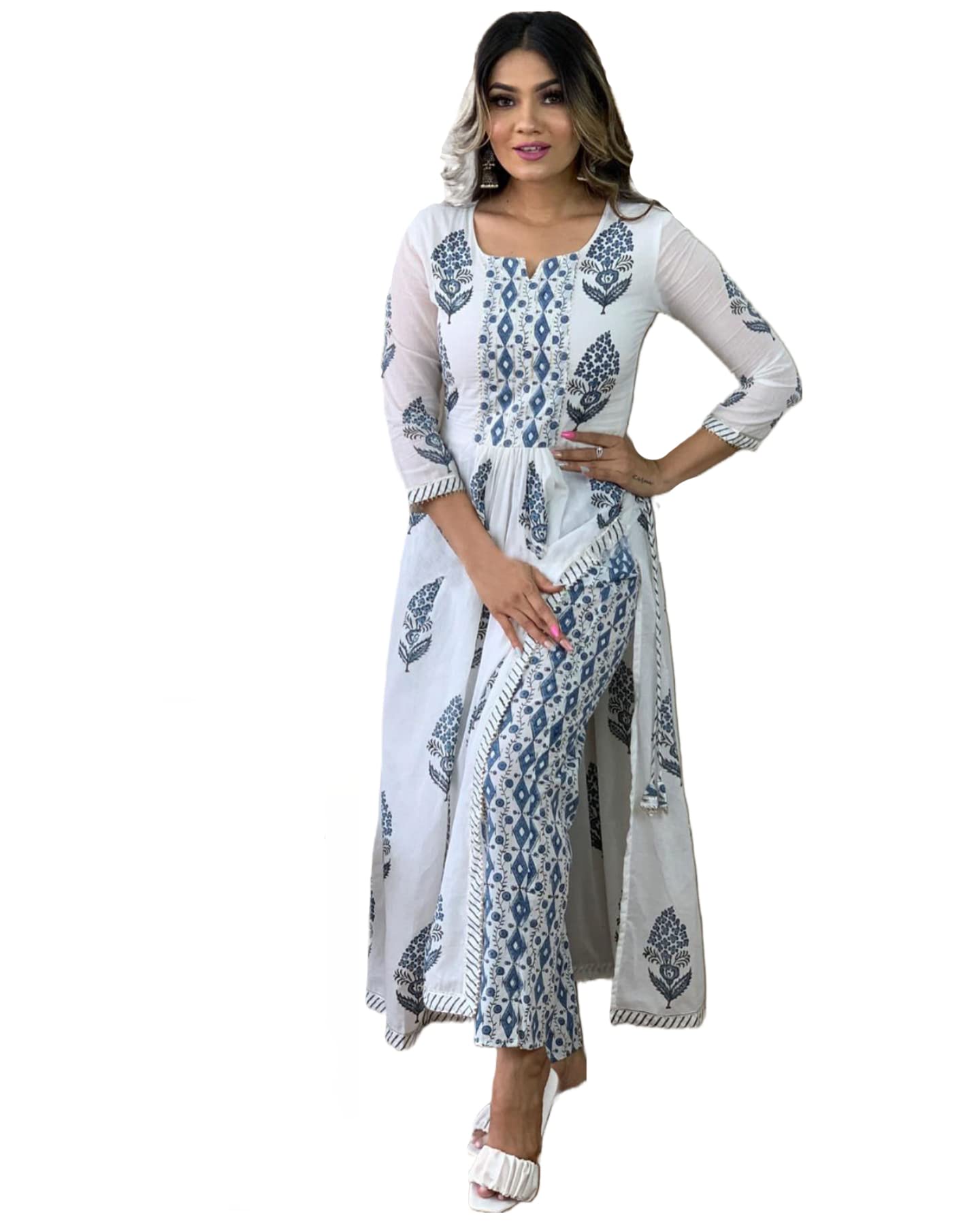 Gosriki Women'S Rayon Printed Straight Kurta With Pant (Putli White-Gs_Xxl_White&Blue_Xx-Large),White,2,B0C2PK6KX2