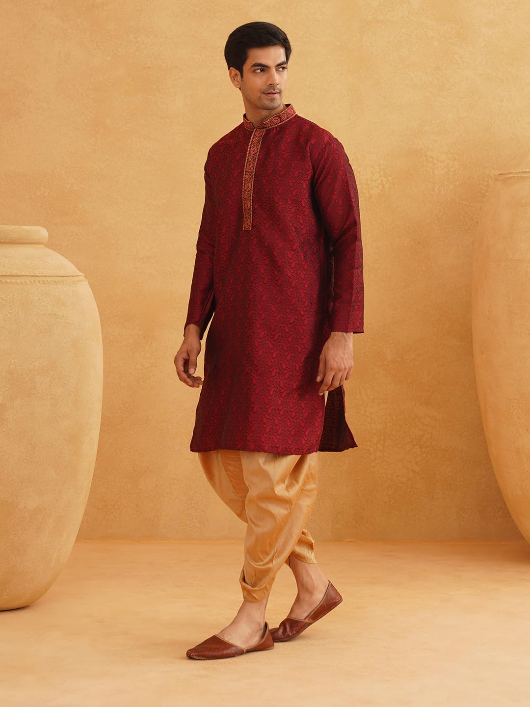 Sojanya (Since 1958, Men'S Maroon & Gold Silk Dhoti Kurta Set, Size: Xxl