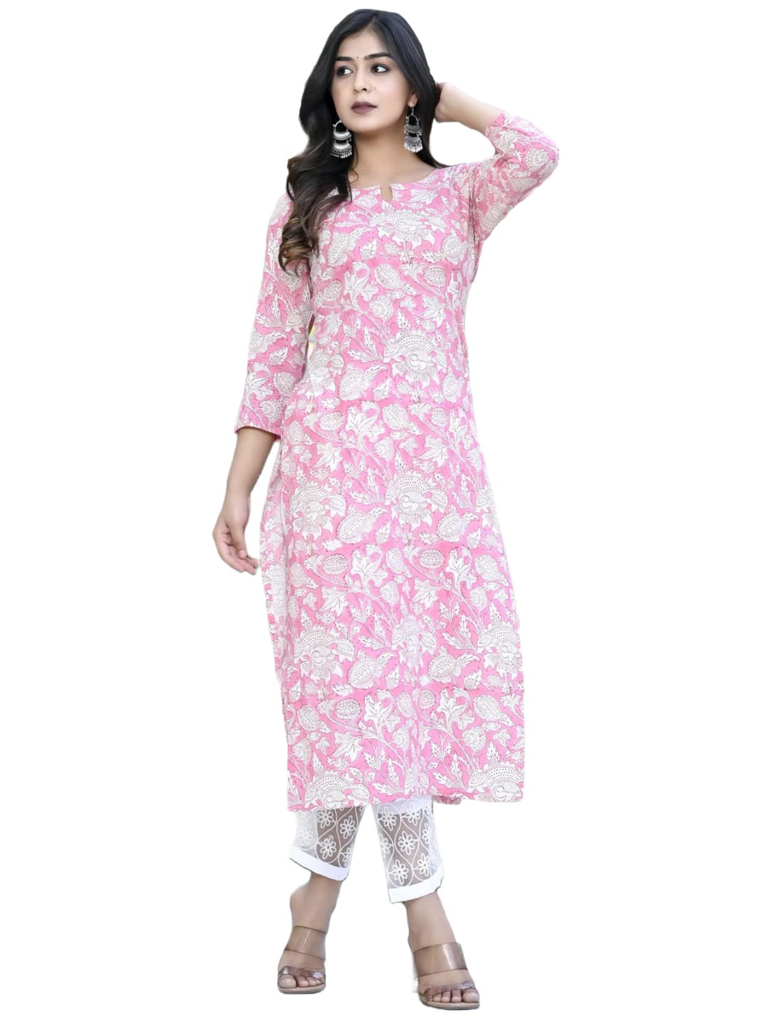 Anni Designer Women'S Cotton Blend Traditional Straight Printed Kurta With Pant Set (Para Pink_Xl_Pink_X-Large),Pink,XL