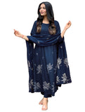 Gosriki Women'S Rayon Viscose Anarkali Printed Kurta With Pant & Dupatta (Gangori Kerosin-Gs_M_Dark Blue_Medium),Dark Blue,,B0DX25723L