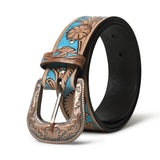 Mahetri Western Cowboy Leather Belt (Upto 44) For Men | Black & Brown & Blue | Engraved Heavy Metal Buckle | Carved Leather Str