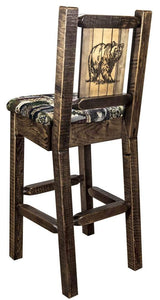 Montana Woodworks Homestead Collection Barstool With Upholstered Seat, Woodland Pattern, Laser Engraved Bear Design, Stained & L