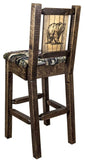 Montana Woodworks Homestead Collection Barstool With Upholstered Seat, Woodland Pattern, Laser Engraved Bear Design, Stained & L