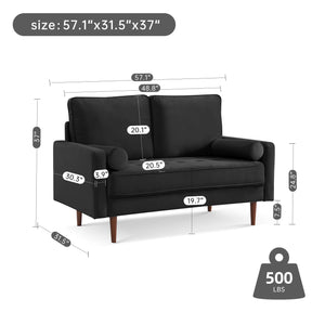 American Furniture Classics Black 57 Inch Wide Upholstered Two Cushion Loveseat With Bolster Pillows Velvet, 57' X 32' X 37'