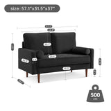 American Furniture Classics Black 57 Inch Wide Upholstered Two Cushion Loveseat With Bolster Pillows Velvet, 57' X 32' X 37'