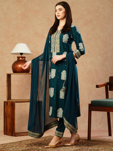 Gosriki Women'S Cotton Blend Straight Printed Kurta With Pant & Dupatta (Carla Blue-Nw-Gs_L_Blue_Large),Blue,,B0CTXHWVPP