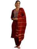 Libas Gerua Womens Yoke Design Silk Blend Straight Kurta With Salwar And Dupatta