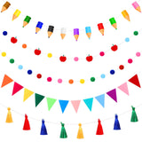 Newwiee 5 Pcs Back to Classroom Banner Pom Pom Felt Ball Garland First Day of School Banner Colorful Tassel Flag Pencil Apple Sc