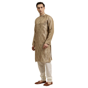 Sojanya (Since 1958 Men'S Jacquard Silk Beige & Gold Kurta Size 42