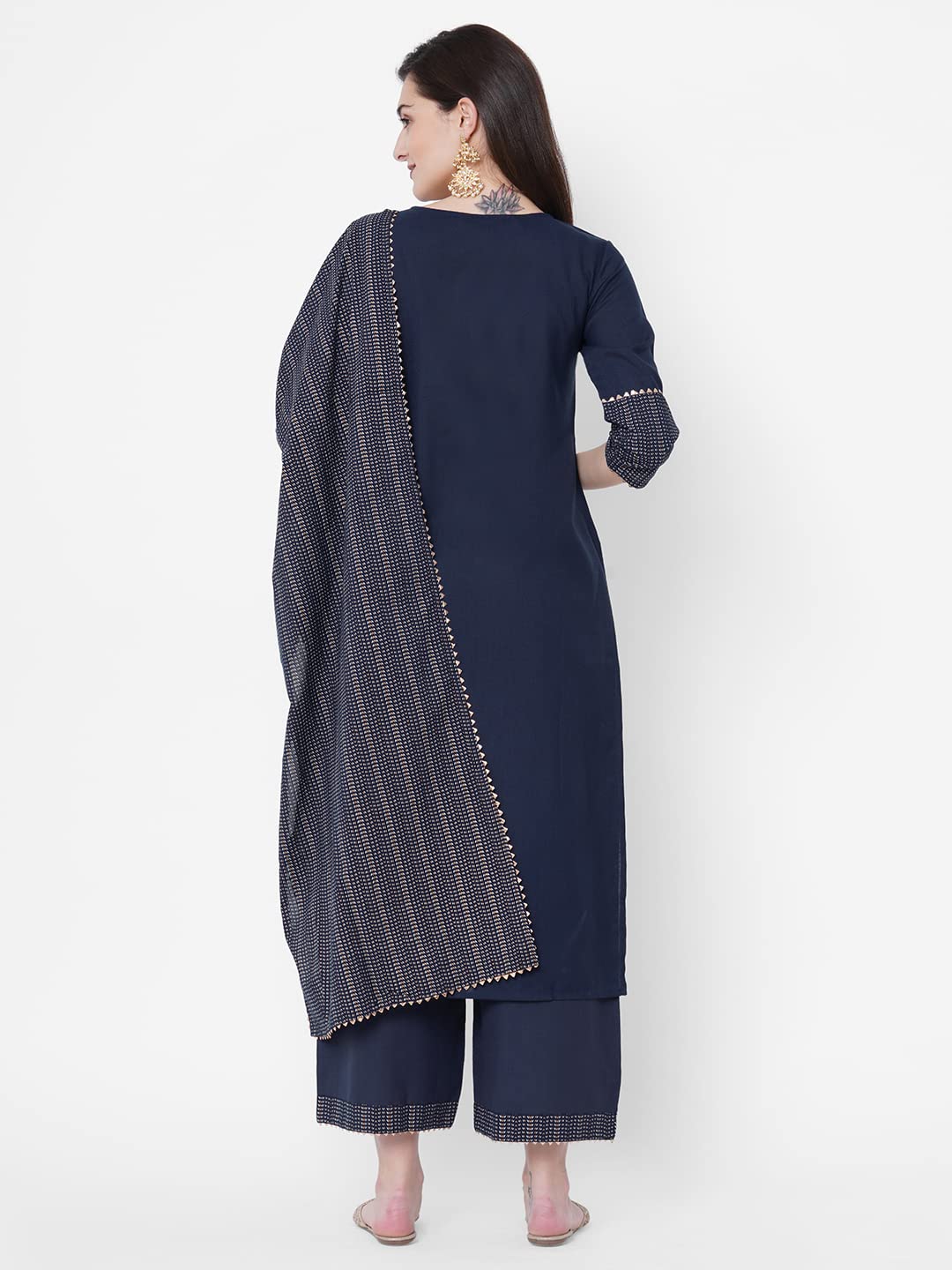 Anni Designer Women'S Cotton Blend Straight Printed Kurta With Pant & Dupatta (Jam001-Dark Blue_M_Dark Blue_Medium),Dark Blue,M,Cotton Blend,Regular,Dupatta
