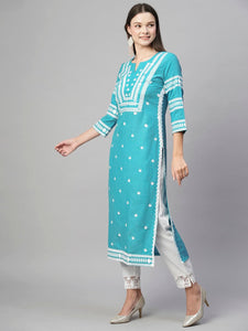 Anni Designer Women'S Cotton Blend Chikankari Embroidered Straight Kurta (Stho-Sky Blue-Nw_L_Sky Blue_Large),Sky Blue,L,Cotton Blend,Regular,Kurta