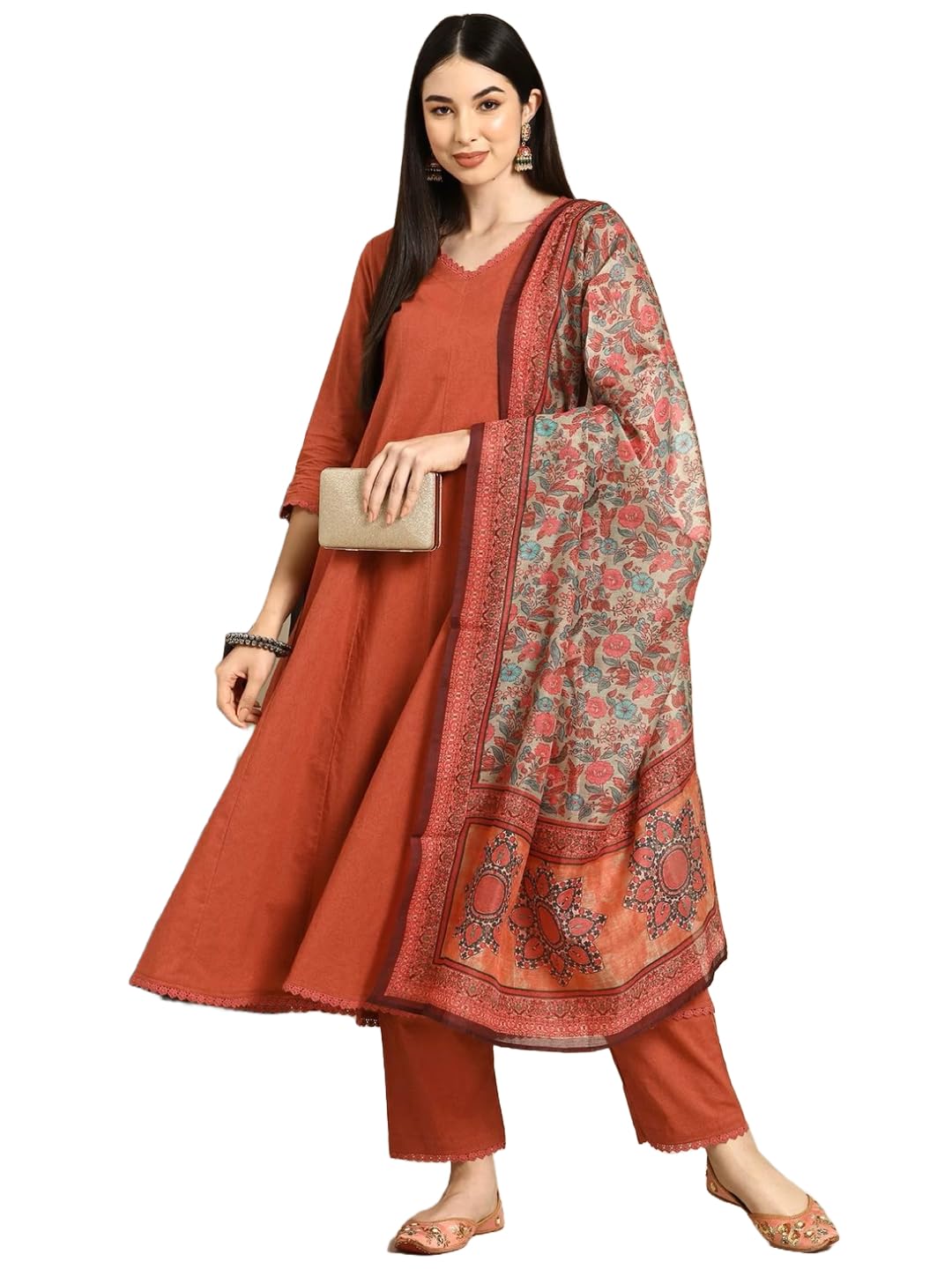 Anni Designer Women'S Cotton Blend Anarkali Solid Regular Fit Kurta With Pant & Dupatta (Utsav Peach_5Xl_Peach_Xxxxx-Large),Peach,5XL