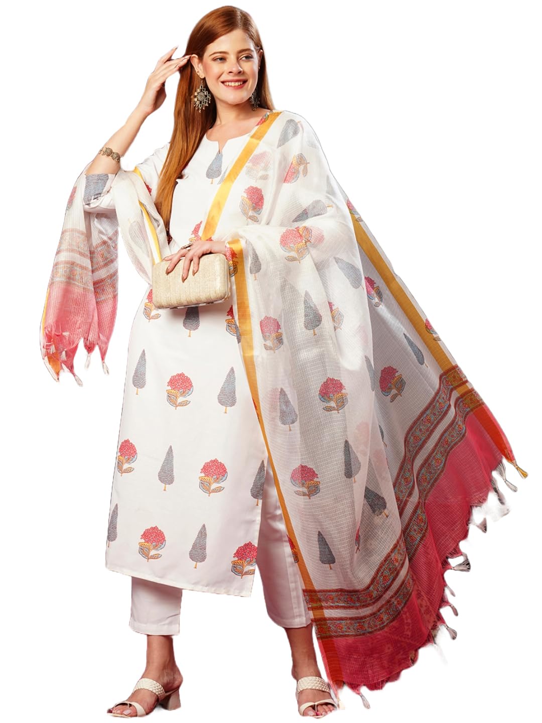 Anni Designer Women'S Cotton Blend Straight Printed Kurta With Pant & Dupatta (Nairiti White-Jl_Xxl_White_Xx-Large),White,2XL
