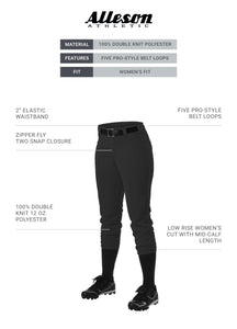 Alleson Athletic Fastpitch Softball Pants For Women. Low Rise Double Knit Black Softball Pants With Belt Loop (Style 605Pbw) Lar