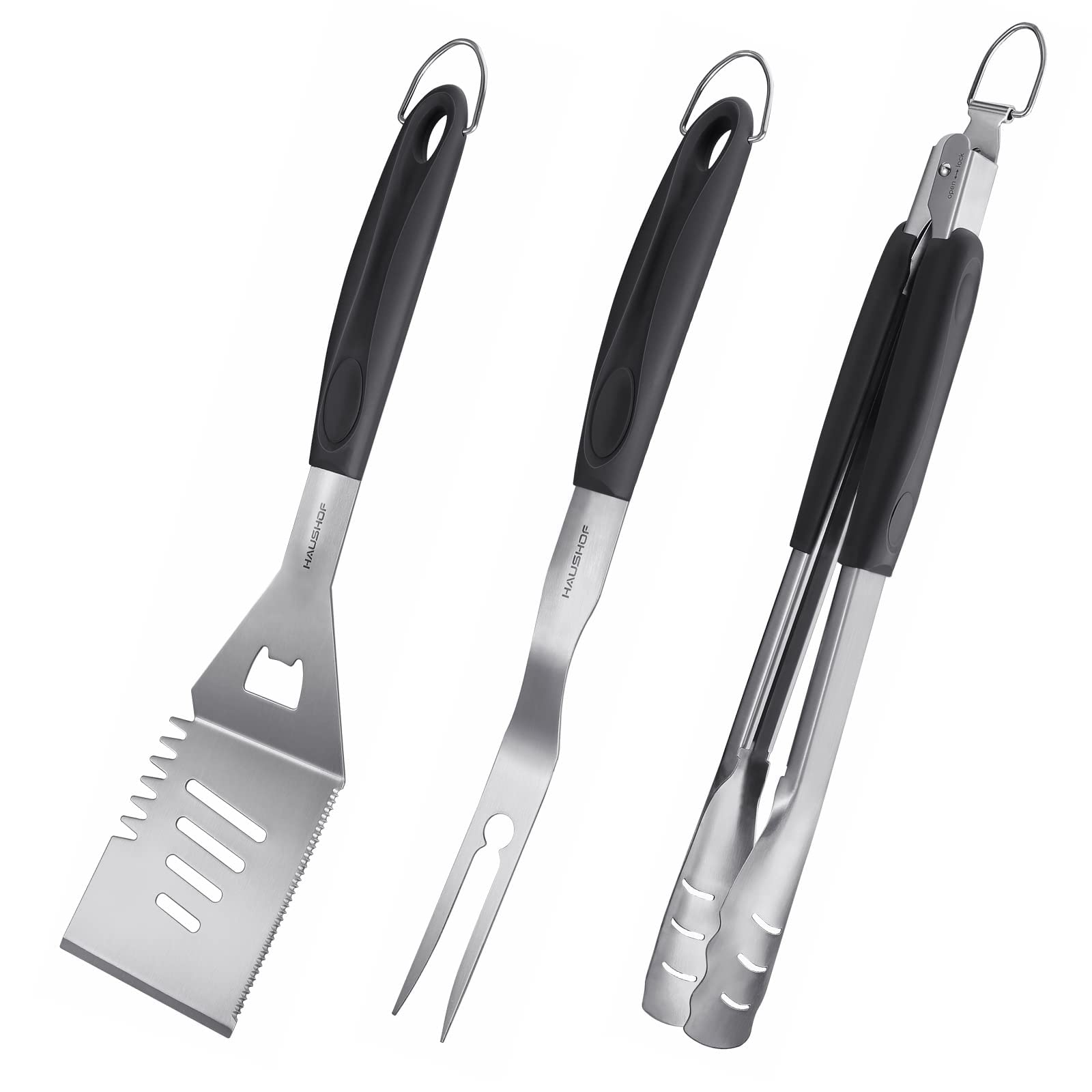HAUSHOF Large Grill Accessories Heavy Duty BBQ Set Gifts for Men/Women - Premium Stainless Steel Spatula, Fork & Tongs (16.5/16/